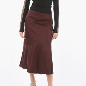 Dries Van Noten Satin Midi Ruffle Skirt Size 34 XS. Burgundy.